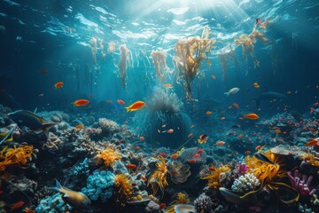 Fototapeta premium A beautiful and colorful coral reef with many fish swimming around