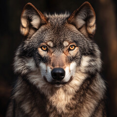 Fototapeta premium A wolf stands and stares at the cold forest. 