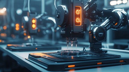 Fototapeta premium High-tech industry factory with 3D printers and robotic arms creating next-gen products