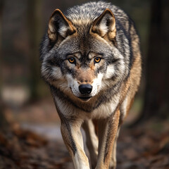 Fototapeta premium A wolf stands and stares at the cold forest. 