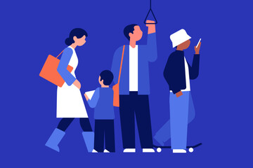 Different cartoon people go by public transport vector flat illustration. Crowd of passengers characters inside city bus. Vector illustration 