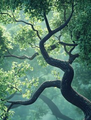 A tree with a long trunk and green leaves