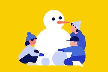 children building snowman. Kids playing outdoors on winter holidays. Cute little children having fun in wintertime. Vacation and childhood. Flat vector illustration isolated