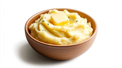 Steaming bowl of creamy mashed potatoes with a pat of melting butter and parsley isolated on white background comfort food Thanksgiving side dish 