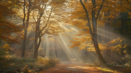 Obraz premium Woodland path with sunlight filtering through leaves generated AI