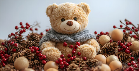 a teddy bear surrounded by pine cones

