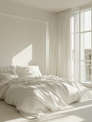 A white bed with white sheets and pillows