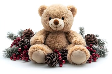 a teddy bear surrounded by pine cones

