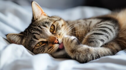A cat is laying on a bed with its tongue out