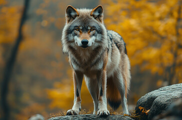 Fototapeta premium A wolf stands and stares at the cold forest. 