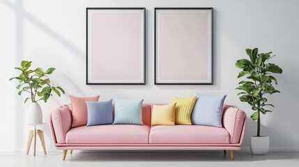 A pink couch with colorful pillows sits in front of two blank framed pictures