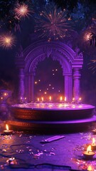 Obraz premium Banner design for diwali festival and podium,Diwali light decoration candle with fireworks,Stage,Product display Showcase design sparkle background,Deepavali,Dipavali,3D podium illustration.