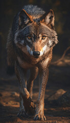 Fototapeta premium A wolf stands and stares at the cold forest. 