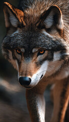 Fototapeta premium A wolf stands and stares at the cold forest. 