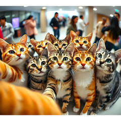 Fototapeta premium A group of 8 realistic cats taking a selfie together
