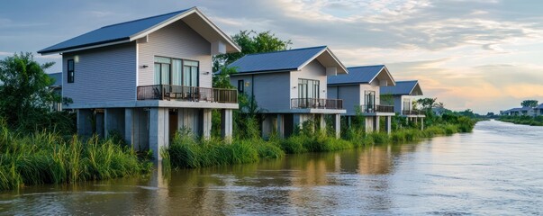 A series of flood-resistant houses along a riverbank, each designed with elevated foundations and waterproof fiber cement siding for ultimate protection
