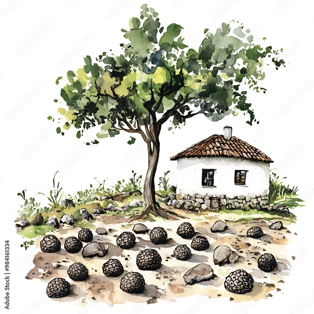 Sticker Watercolor Painting of a Country House with Black Truffles on the Ground.