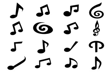 Music Note Icon Set – Minimalist Black Line Art of Musical Symbols and Treble Clefs for Audio, Song, and Music Projects.