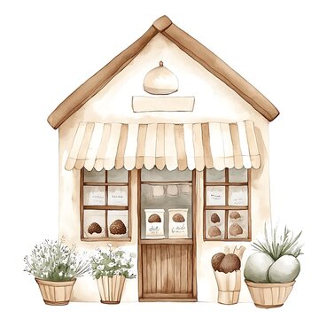 recommend clip art: Watercolor Illustration of a Cute Shop with Brown Balls and Flowers.