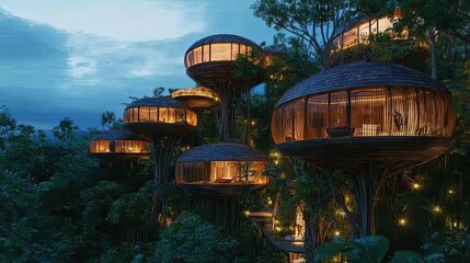 Obraz premium Illuminated Treehouse Village Nestled Amidst Lush Foliage