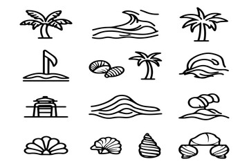 Beach and Palm Tree Icon Set – Minimalist Line Art of Seashells, Waves, and Tropical Elements for Vacation and Summer Design Projects.
