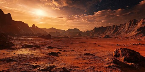 A desolate desert landscape with a large rock in the foreground