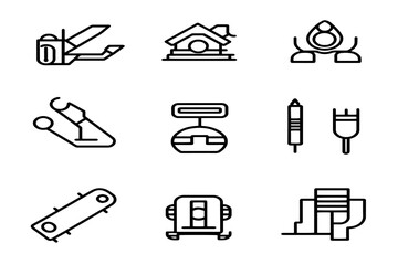 Tool, Technology, and Architecture Icon Set &ndash; Minimalist Line Art of Gadgets, Buildings, and Instruments for Engineering and Industrial Design Projects.