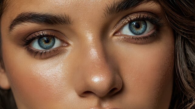 "Mujer con una mirada empoderada, destacando sus ojos claros y maquillaje impecable. Sus ojos resaltan con precisi&oacute;n, reflejando confianza y belleza, capturando un momento de fuerza y elegancia.