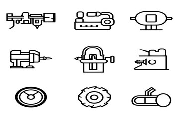 Industrial Tools and Machinery Icon Set – Minimalist Line Art of Drills, Saws, Motors, and Equipment for Engineering, Manufacturing, and Construction Projects.