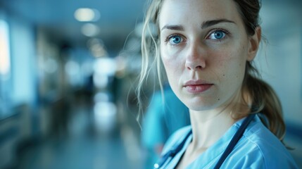 Obraz premium Emergency Nurse Portrait. Female Nurse in ER with Stethoscope, Health Care Adviser