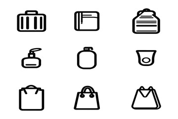 Bag and Packaging Icon Set – Minimalist Line Art of Shopping Bags, Bottles, and Containers for Retail, Travel, and Product Design Projects.