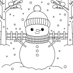 Cute Snowman Cartoon Coloring Page. Christmas and Winter Illustration