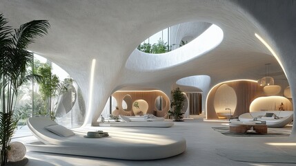 Fototapeta premium Modern Interior Design with White Furniture and Organic Shapes