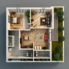 Floor plan of a house top view 3D illustration Open concept living apartment layout