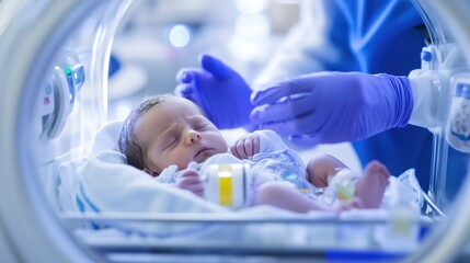 Premature newborn baby in the hospital incubator. Neonatal intensive care unit