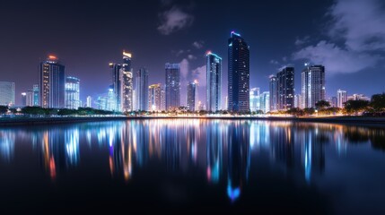 A stunning cityscape at night, featuring a glowing skyline beautifully reflected in a calm river