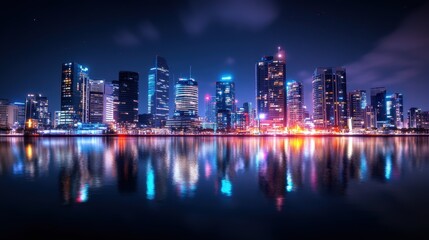 Fototapeta premium A stunning cityscape at night, featuring a glowing skyline beautifully reflected in a calm river
