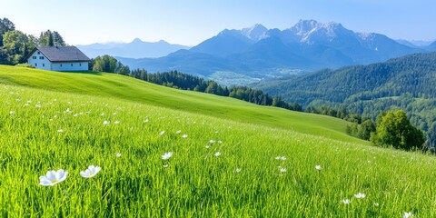 Gorgeous view of the alpine mountains and blooming meadows A wonderful spring day with a blue sky