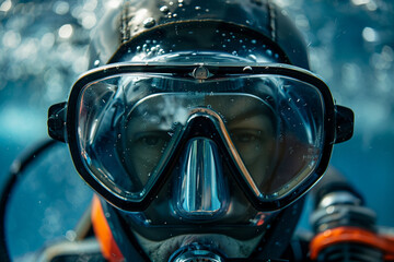 Professional diver exploring underwater life world flora fauna, Generative AI