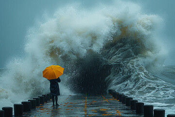 Storm on the sea person standing on the pier generative ai image