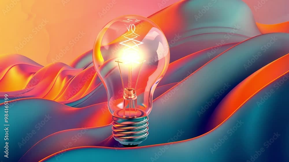 Poster a light bulb emits a warm glow while sitting on undulating, colorful waves. this symbolizes creativi