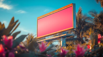 Urban billboard promoting a summer sale campaign, featuring tropical designs, vibrant colors, and enticing images of discounted beachwear and accessories