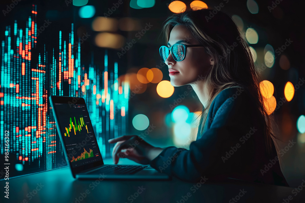 Aufkleber woman analyzing stock market data on a laptop in a futuristic setting with bokeh lights.