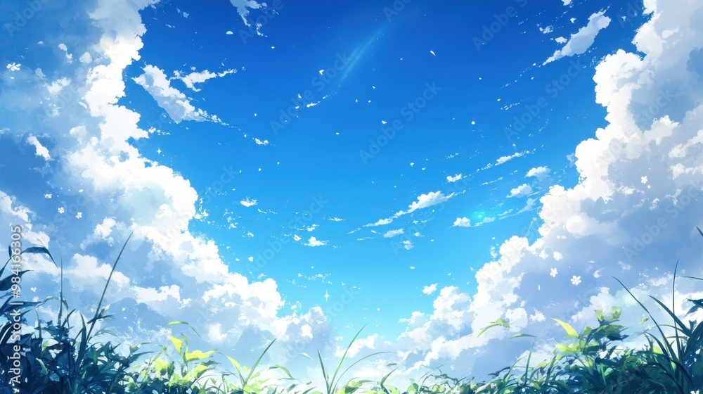 Wall mural clear blue spring sky with delicate clouds floating, representing the refreshing and bright spirit o