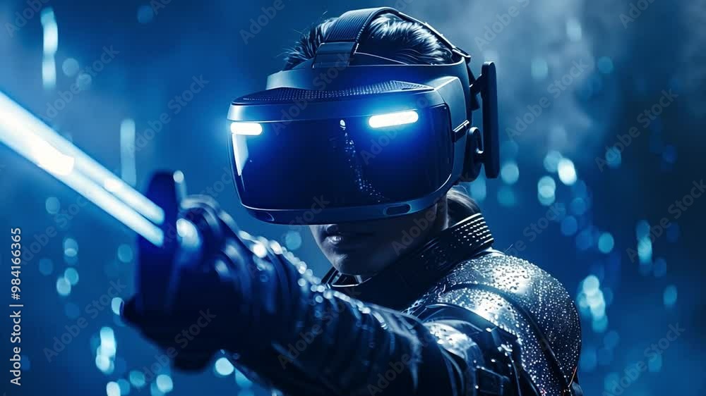 Poster The individual uses a high-tech virtual reality headset, brandishing a light sword, fully immersed in a captivating and dynamic digital setting with glowing effects.