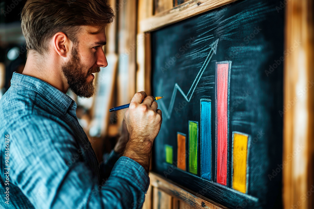 Aufkleber Man drawing a graph on a chalkboard with colorful bars in a rustic setting.