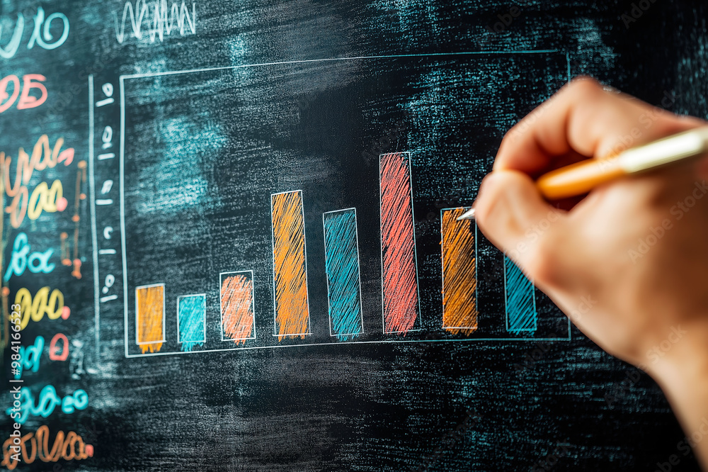 Poster hand drawing a colorful bar graph on a chalkboard with a hand holding a pen.