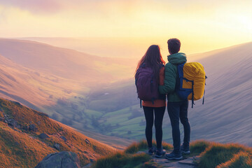 Obraz premium Couple Hiking Mountains Sunset
