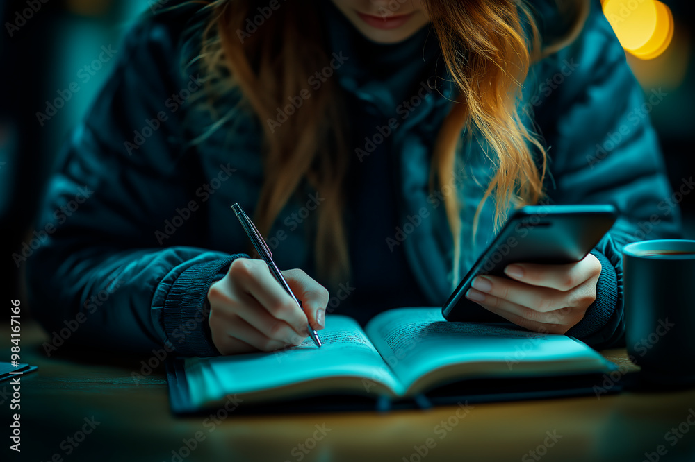 Poster person writing in notebook while holding smartphone at dimly lit table.
