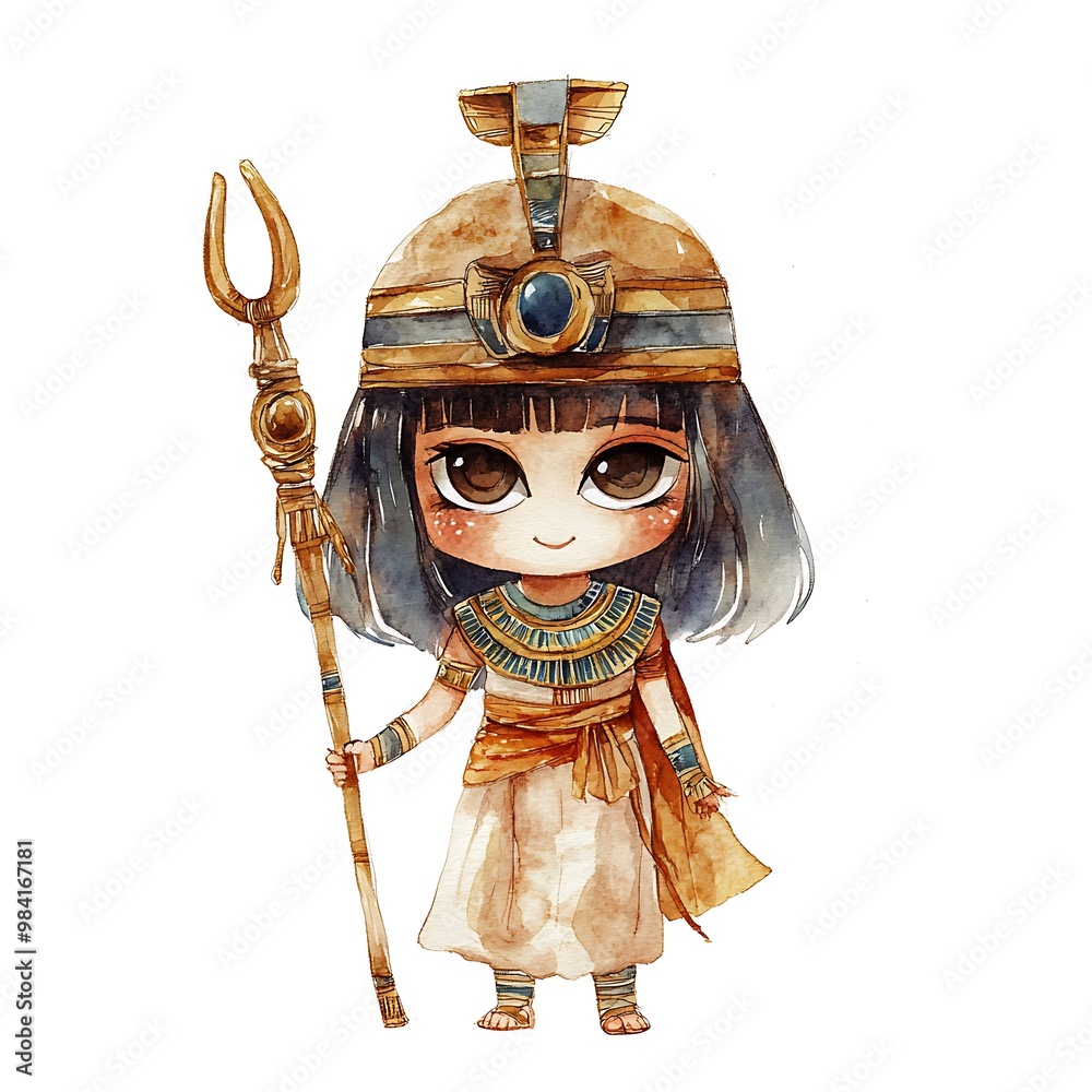 Canvas Prints Cute Watercolor Illustration of a Young Egyptian Girl in Traditional Costume Holding a Staff.